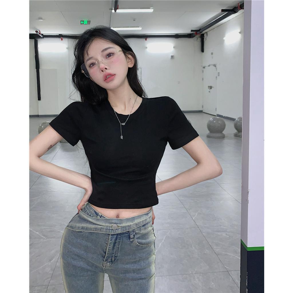 QADCOL Áo Thun Tay Ngắn Cổ Tròn Màu Trơn Đơn Giản Thời Trang Mùa Hè Cho Nữ