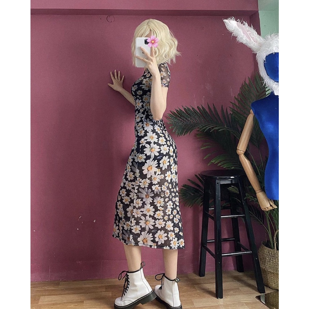 -  Quà tặng sinh nhật,bạn gái Đầm lưới xuyên thấu hoa cúc