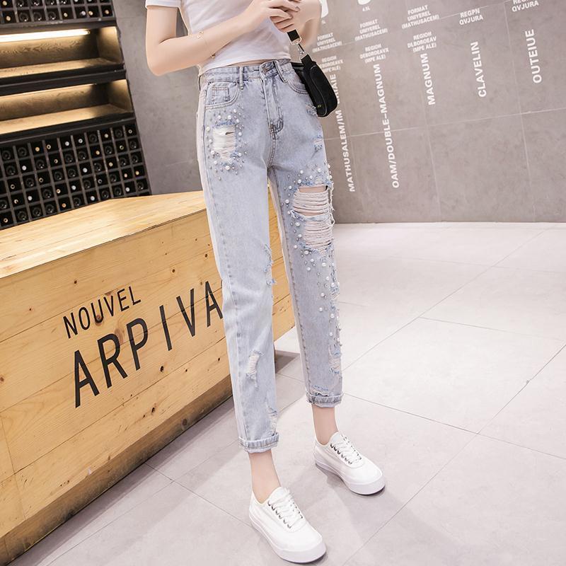 Quần jean dài rách gối đính hạt ngọc trai thời trang mới cho nữ | BigBuy360 - bigbuy360.vn