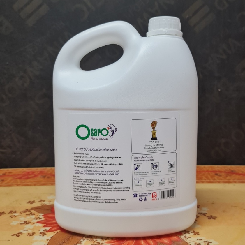 Nước rửa chén Osaro hữu cơ sinh học hương thơm nhẹ nhàng khả năng làm sạch cao dạng can 3.8L