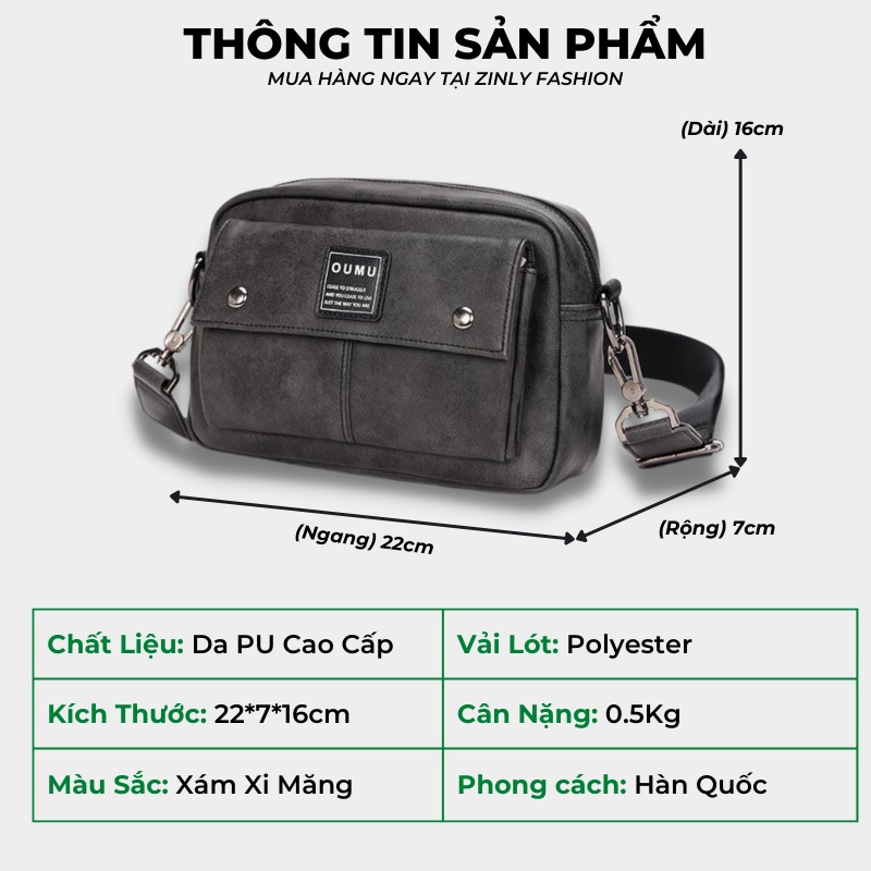 Túi Đeo Chéo Nam Nữ  Thời Trang OUMU Màu Xám Cao Cấp - Túi Xách Nam Nữ Chất Liệu PU Bền Đẹp ZINLY
