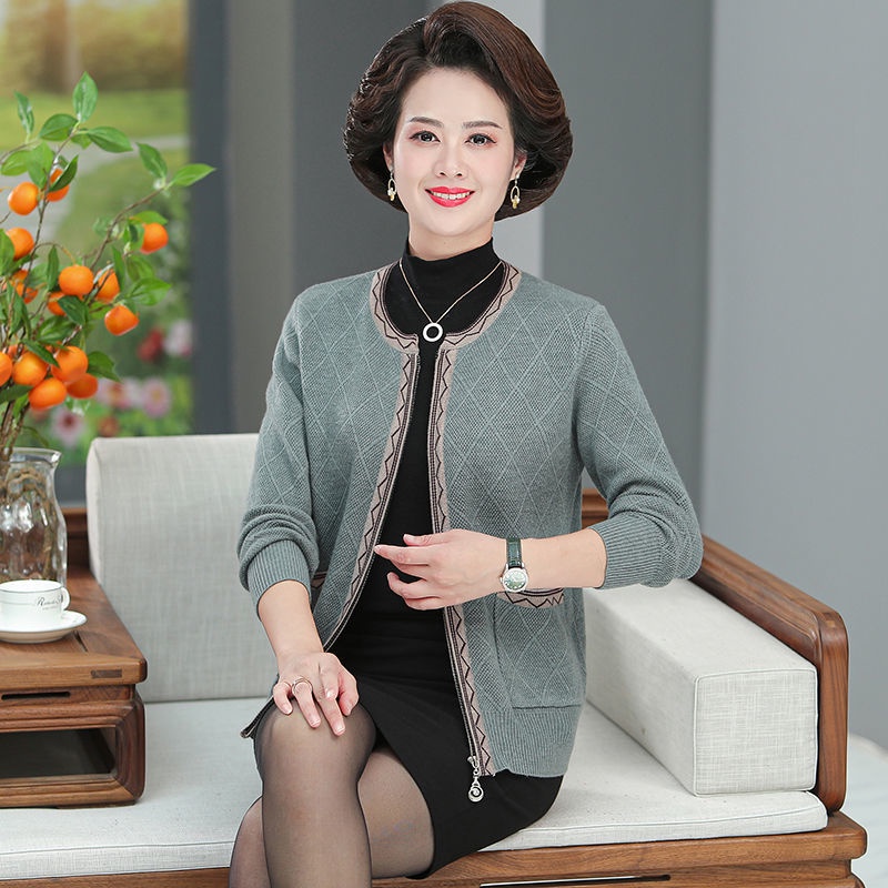 Áo khoác dài tay cổ tròn của phụ nữ trung niên và cao tuổi dệt kim mùa thu cho