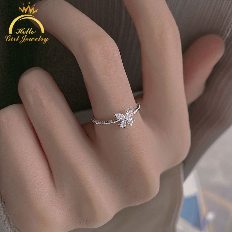 Ahellogirl Nhẫn Mạ Bạc 925 Hình Bướm Đính Đá Đơn Giản Thời Trang Dành Cho Nữ