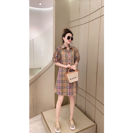 Đầm sơ mi kẻ chữ A tay bồng bo chun thương hiệu Burberry BBR cao cấp