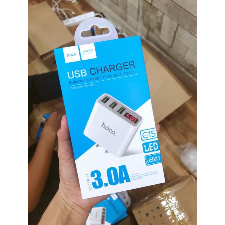 Củ Sạc Hoco C15 3 Cổng, Cốc Sạc Nhanh Báo Led Siêu Bền Bảo Hành 1 Năm