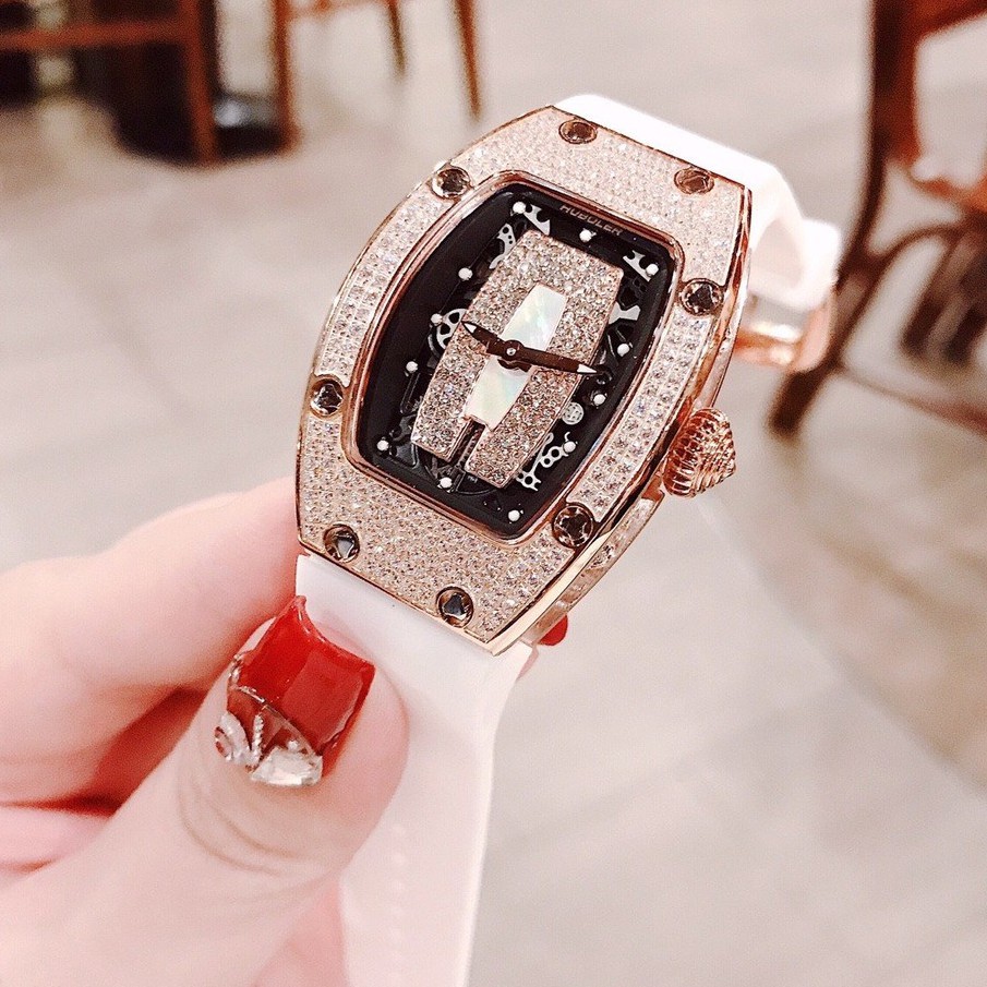 Đồng Hồ Huboler Hanboro Nữ Dây Silicon Trắng Mặt Đính Đá Rose Gold 31x42mm Authentic