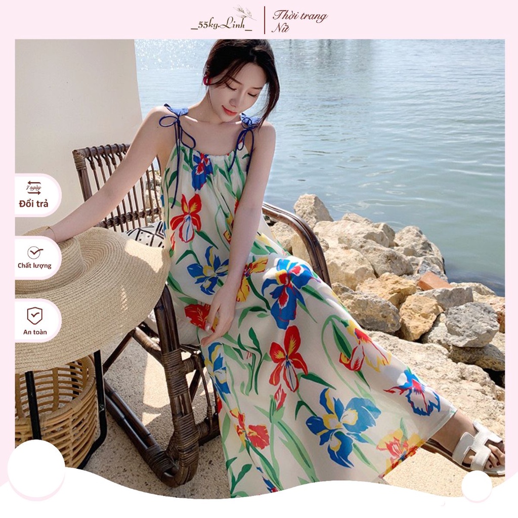 Váy maxi hoa, váy (đầm) đi biển có 2 dây cách điệu