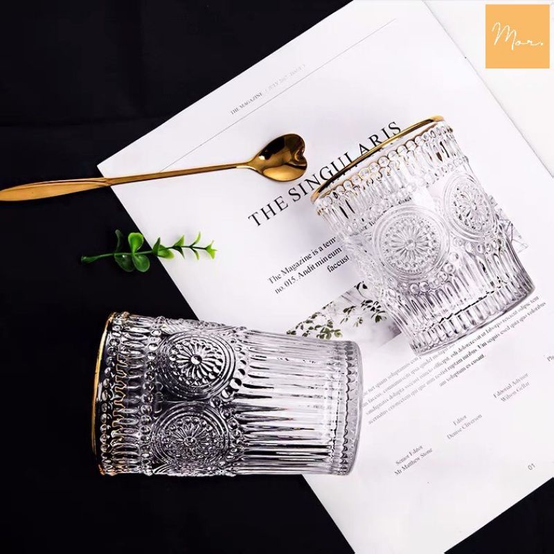 Set 6 cốc thủy tinh chịu nhiệt viền vàng cao cấp khắc hoa nổi