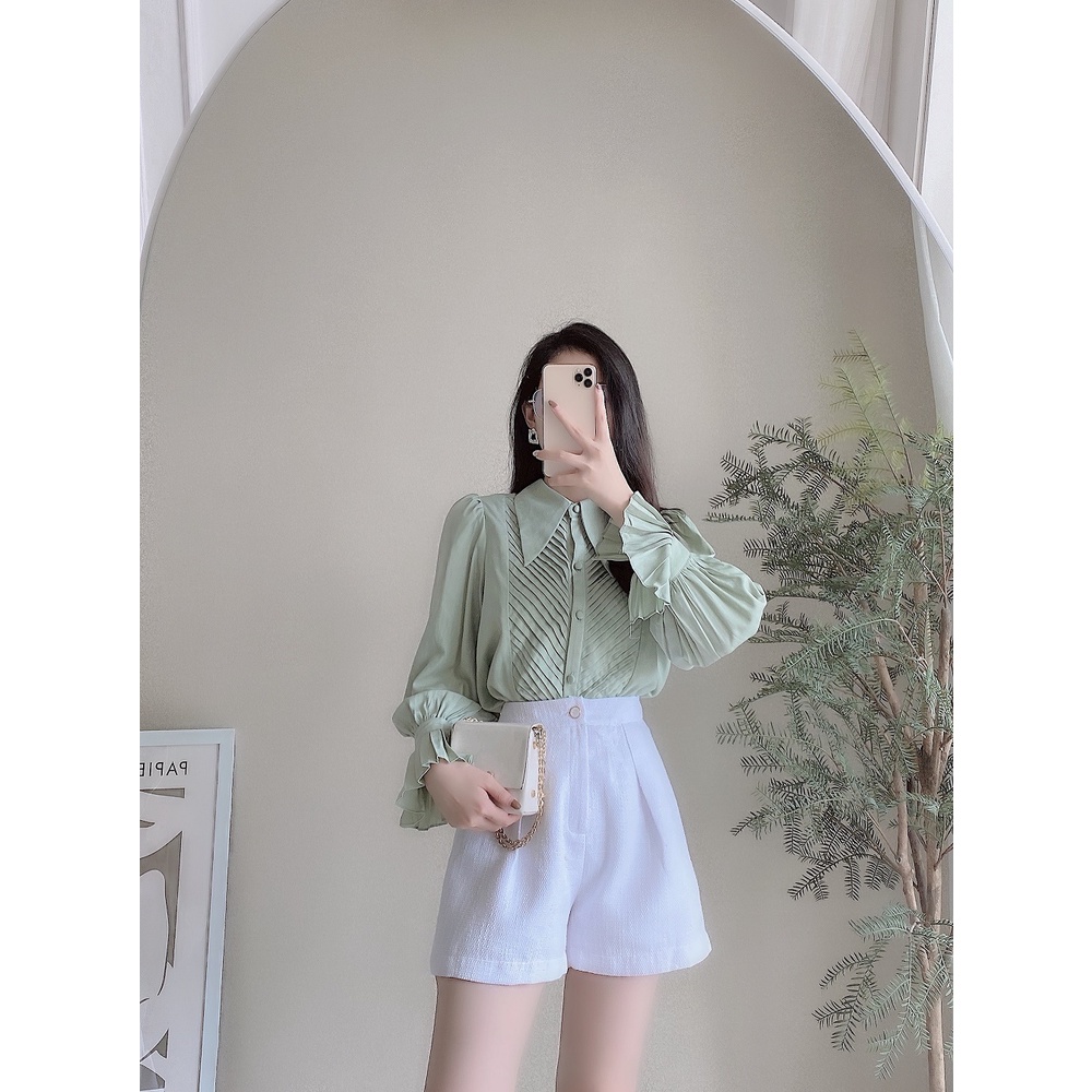 Áo sơ mi lụa thiết kế by LYRA, chất lụa cap cấp xếp ly ngực cổ lá sang chảnh, tiểu thư-LWTSM016