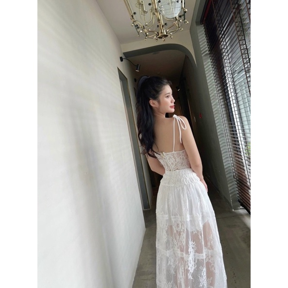 Set ren trắng áo bra 2 dây hở ngực kèm chân váy maxi dài, bộ hotgirl đi chơi du lịch đi biển sang chảnh quyến rũ gợi cảm