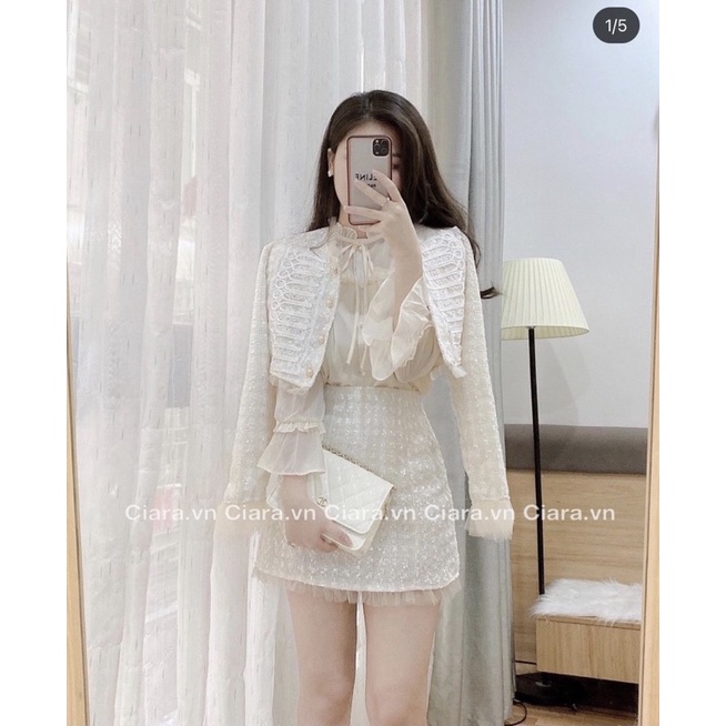 Set 3 món bố: Croptop khoác blazer + áo sơ mi trắng cổ bèo cột nơ + Chân váy chữ A sang trọng
