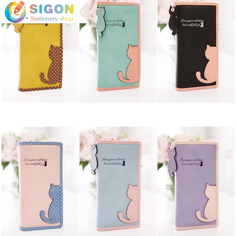 Ví Dài Phối Màu Tương Phản Họa Tiết Mèo Dễ Thương Cho Nữ