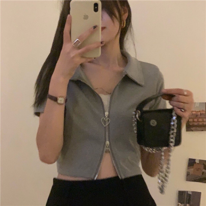 [HÀNG ORDER] Áo polo croptop phối dây kéo trái tim tay ngắn