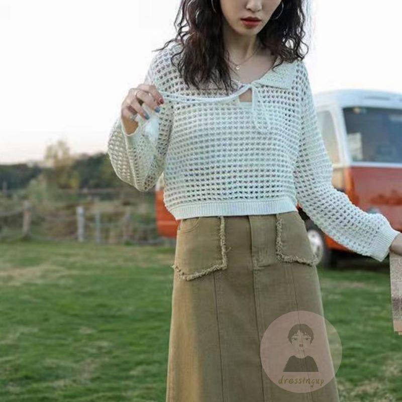 Áo Thun Dệt Kim Tay Dài Màu Sắc Đơn Giản Cho Nữ