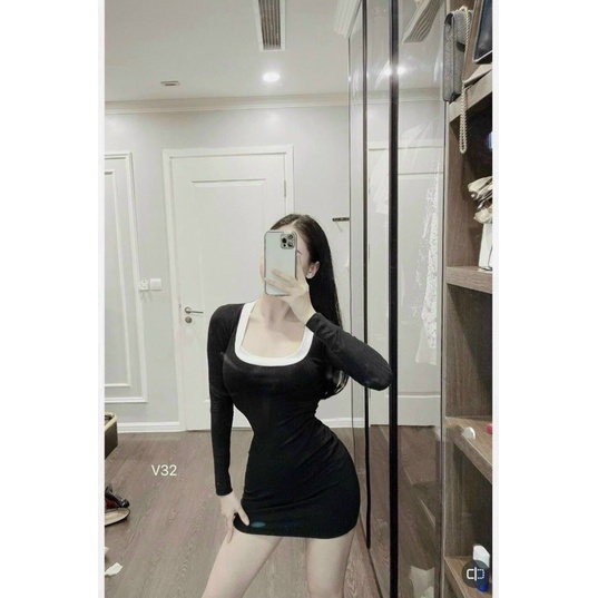 Đầm tay dài viền trắng cổ chữ u