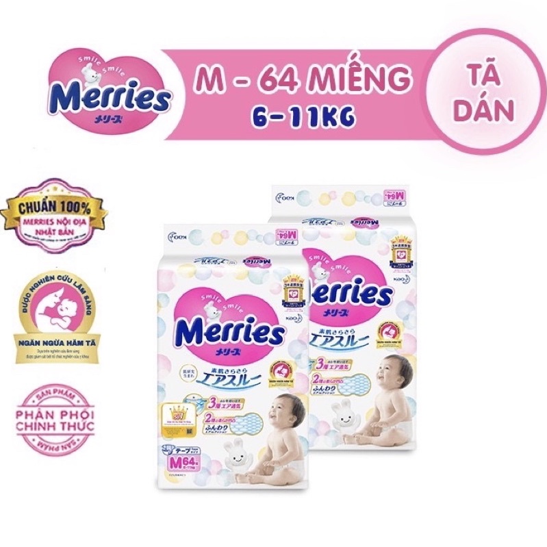 Combo 2 Tã/bỉm dán Merries size NB90/ S82/ M64/ L54/ XL44