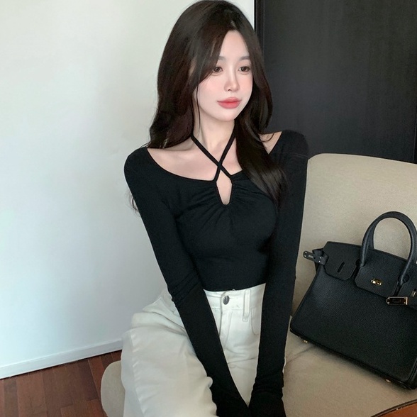 Áo croptop dài tay nữ, áo thun nữ dáng lửng đan dây cổ yếm mặc nhiều kiểu ôm body sexy hàn quốc Wikishop C1071