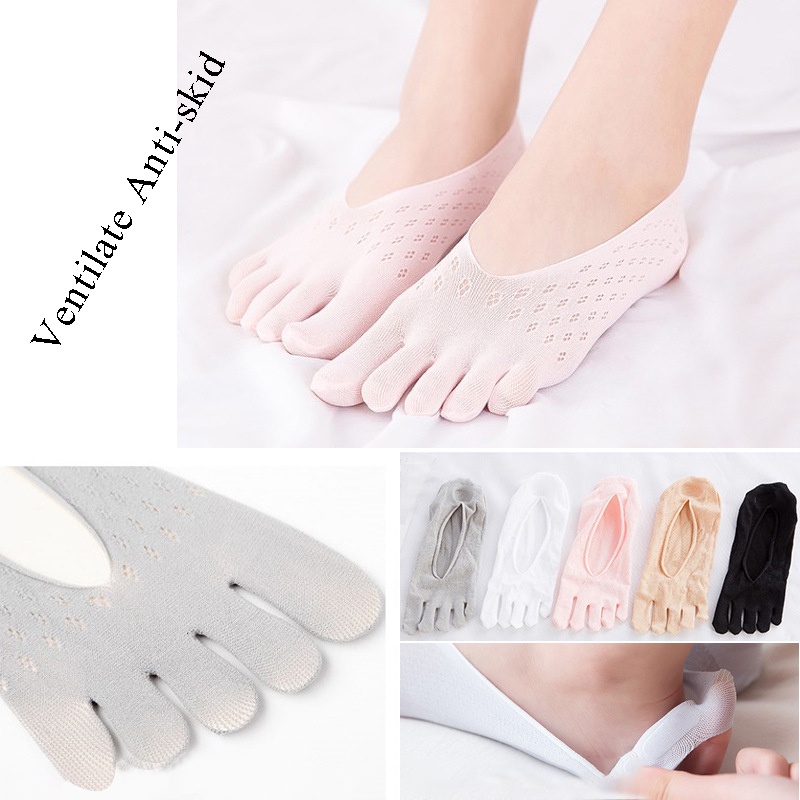 Tất xỏ năm ngón cổ thấp thoáng khí chống trượt vô hình dáng thuyền ren lưới nhung màu tinh khiết