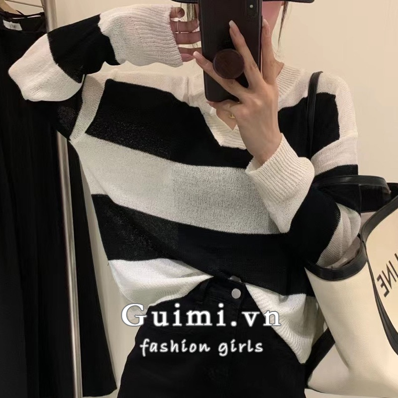 Áo Dệt Kim Tay Dài Cổ Chữ V Dáng Rộng Họa Tiết Kẻ Sọc Màu Sắc Phong Cách Hàn Quốc Dành Cho Nữ