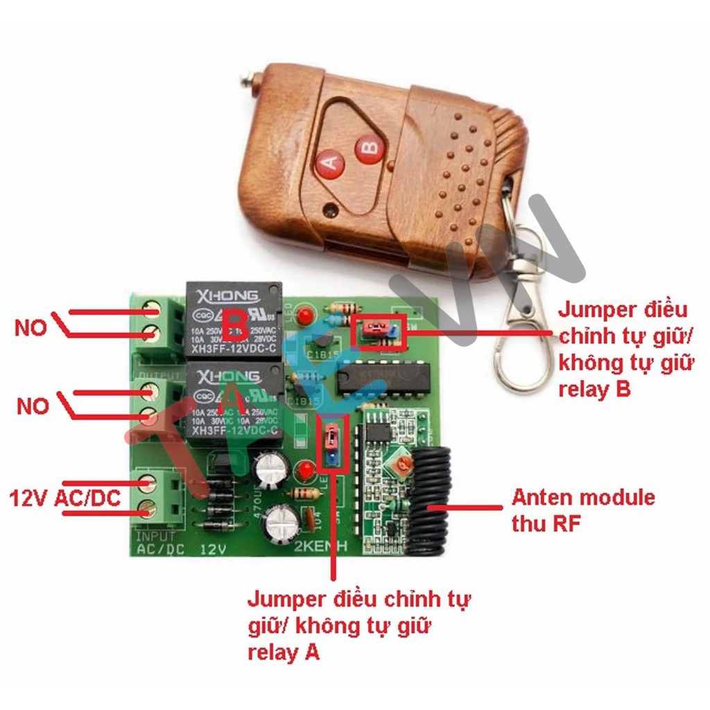 [Mã ELFLASH5 giảm 20K đơn 50K] Bộ Điều Khiển 2 Thiết Bị Qua Sóng RF 315MHZ (12V)