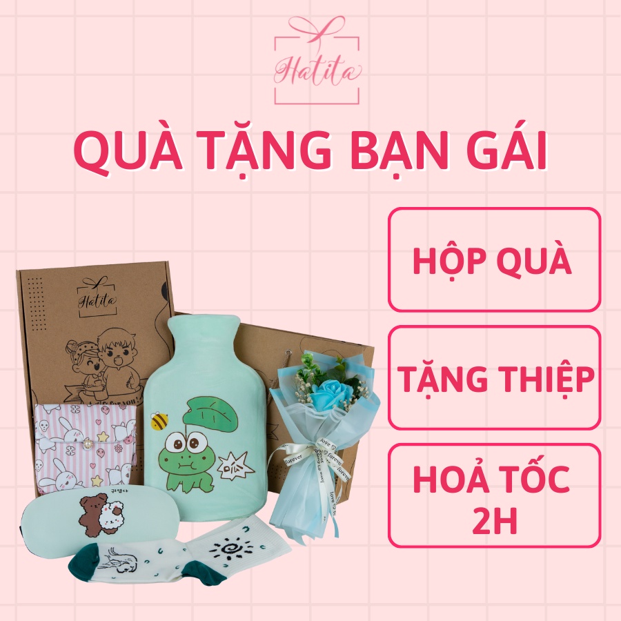 Túi chườm nóng đau bụng kinh Hatita Ếch xanh 1000ml sưởi ấm giữ nhiệt giảm đau bụng Quà tặng bạn gái, 20-10, 8-3, Noel