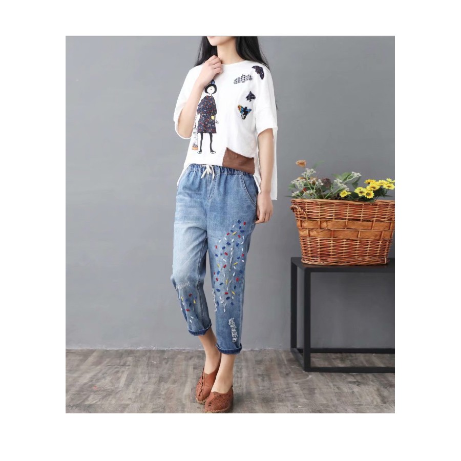 Quần bò thêu baggy nữ QB06 loại 1 bao chất