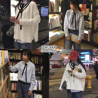 Áo sơ mi ulzzang sọc kẻ cổ nơ