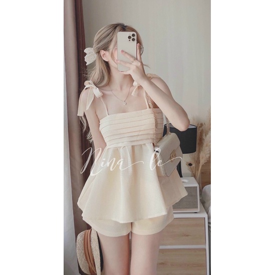 (Free ship) Mẫu HOT Sét Xốp Áo Váy Hai Dây Phối Quần Ngắn Cùng Màu Siêu Hời Cho các Chị em UP VLTN Shop