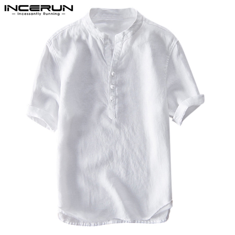 INCERUN Men Slim Fit Cotton Linen Plain V Neck Short Sleeve Shirt