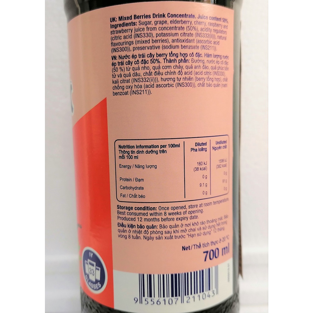 [Chai 700ml – MIXED BERRIES] NƯỚC ÉP TRÁI CÂY CÔ ĐẶC [Malaysia] SUNQUICK Fruity and Refreshing (halal)
