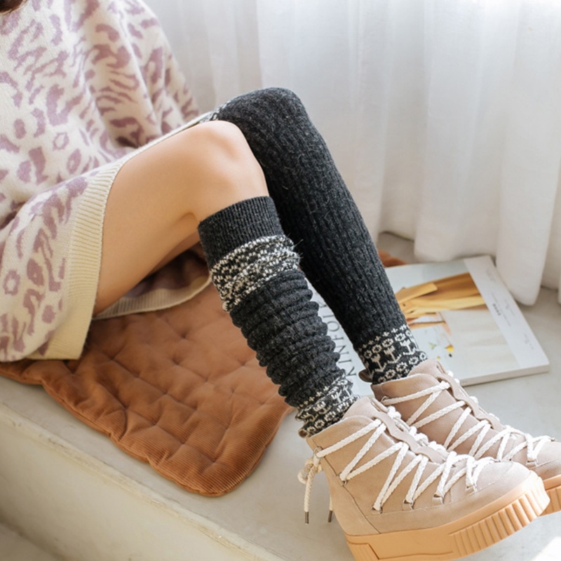 Xiangbao Vớ Dệt Kim Giữ Ấm Chân Dài Quá Gối Họa Tiết Hình Học Vân Kim Cương Cổ Điển Mùa Đông Cho Nữ