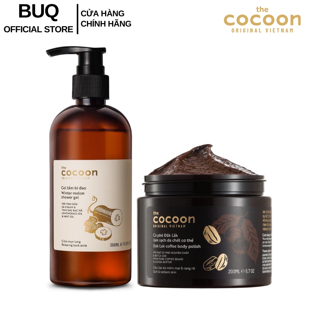 Combo Sáng Mịn Sạch Mụn Lưng : 1 Gel Tắm Bí Đao Cocoon 310ml + 1 Cà Phê Đắk Lắk Làm Sạch Da Chết Cơ Thể Cocoon 200ml