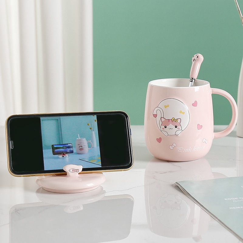 Ly sứ mèo siêu Cute kèm nắp sứ và muỗng Inox