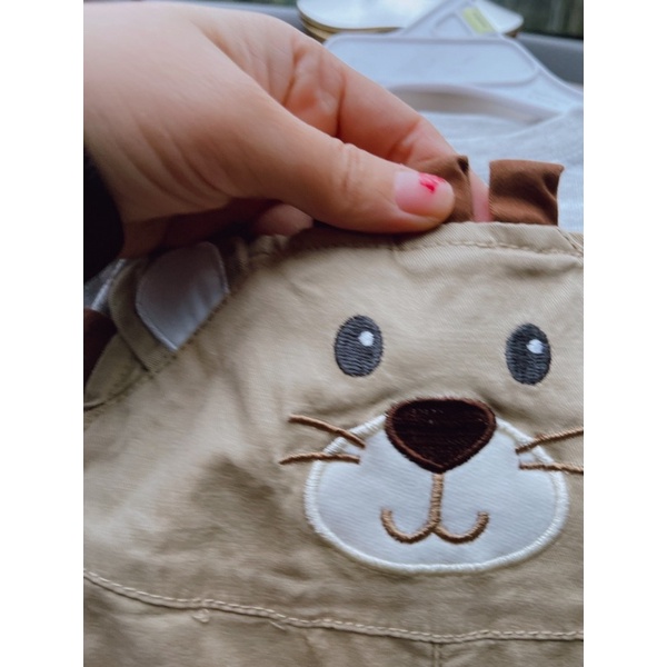 Set yếm gấu màu be kèm áo sơ mi sọc 0-24M cho bé