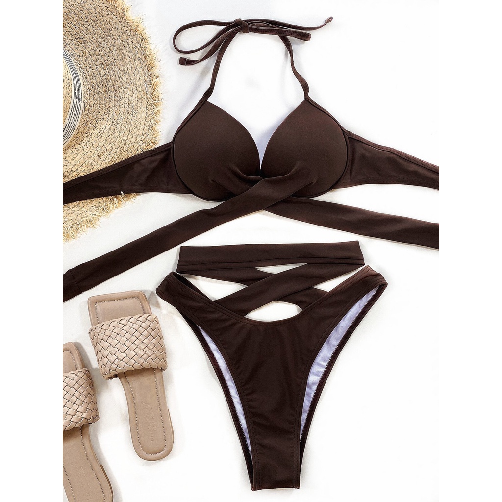 DUNEA Bikini 2 mảnh lưng cao thiết kế dây đan chéo quyến rũ