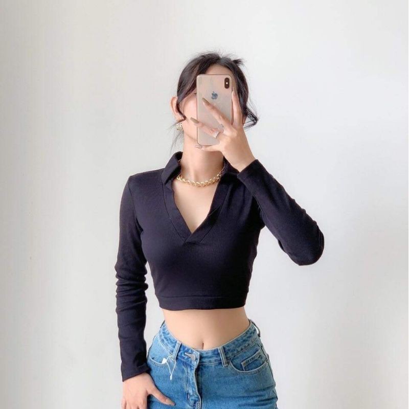 Áo croptop cổ bẻ polo tay dài thun mịn co giãn A3-NTT