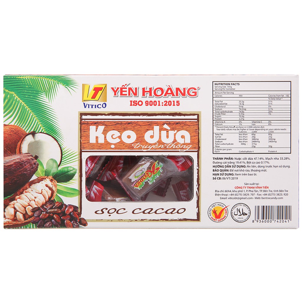 Kẹo dừa sọc ca cao Yến Hoàng hộp 250g