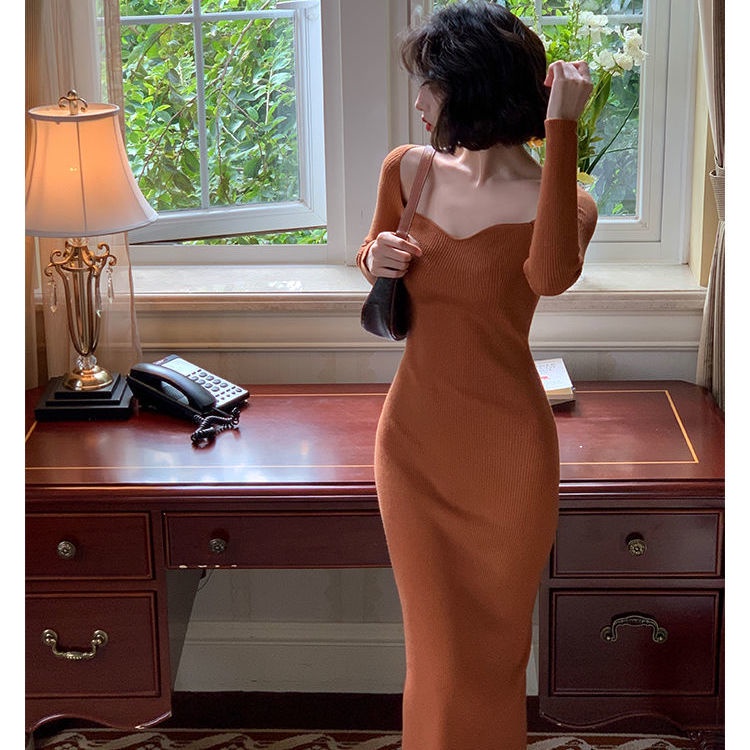 Đầm Dệt Kim Cổ Vuông Nhấn Eo Phong Cách Retro Pháp Thời Trang Mùa Thu Cho Nữ