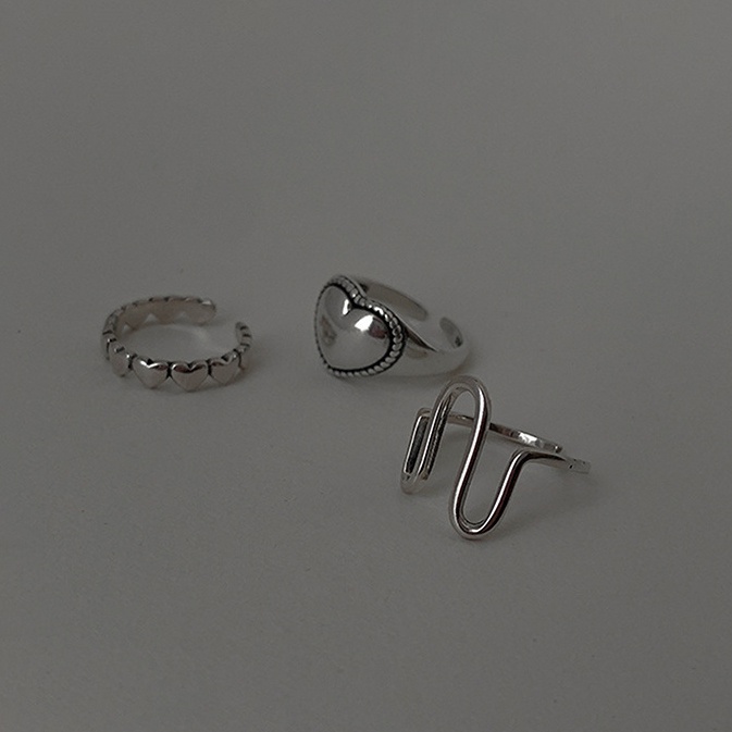 Set 3 nhẫn bạc iF YOU kiểu gợn sóng trái tim phong cách Hàn Quốc cho nữ