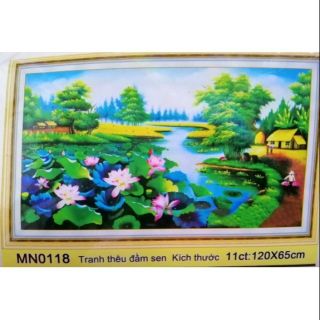 Tranh thêu chữ thập phong cảnh đầm sen làng quê thêu kín MN0119 160*85cm MN0118 - 120x65cm
