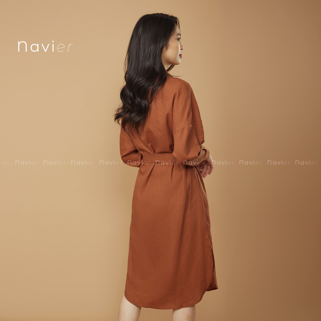 ĐẦM SƠ MI NỮ DÁNG DÀI SUÔNG KÈM DÂY ĐAI PHONG CÁCH ULZZANG - LINEN SHIRT DRESS D03 NAVIER | BigBuy360 - bigbuy360.vn
