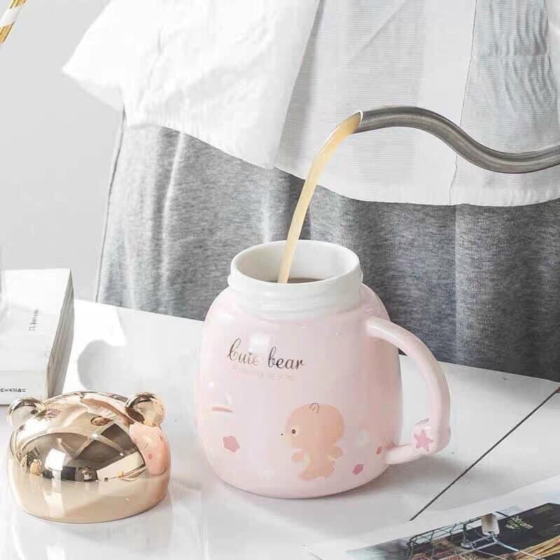 Cốc Gấu -Cốc giữ nhiệt -Cốc sứ uống sữa uống cafe có tay cầm hình gấu tráng gương siêu dễ thương có nắp đậy tiện dụng