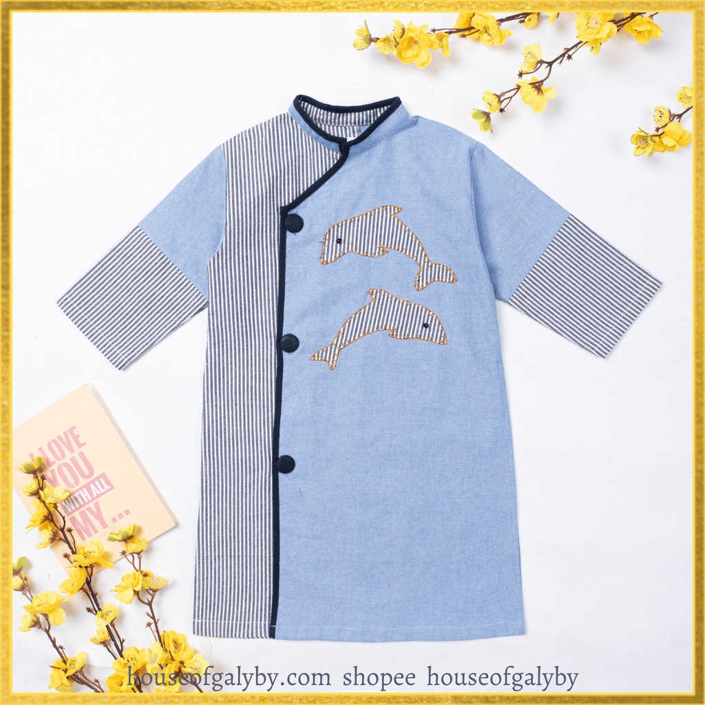 Áo dài bé trai màu xanh thêu đắp cá heo chất thô 100% cotton Hàn Quốc mềm mịn - Galyby