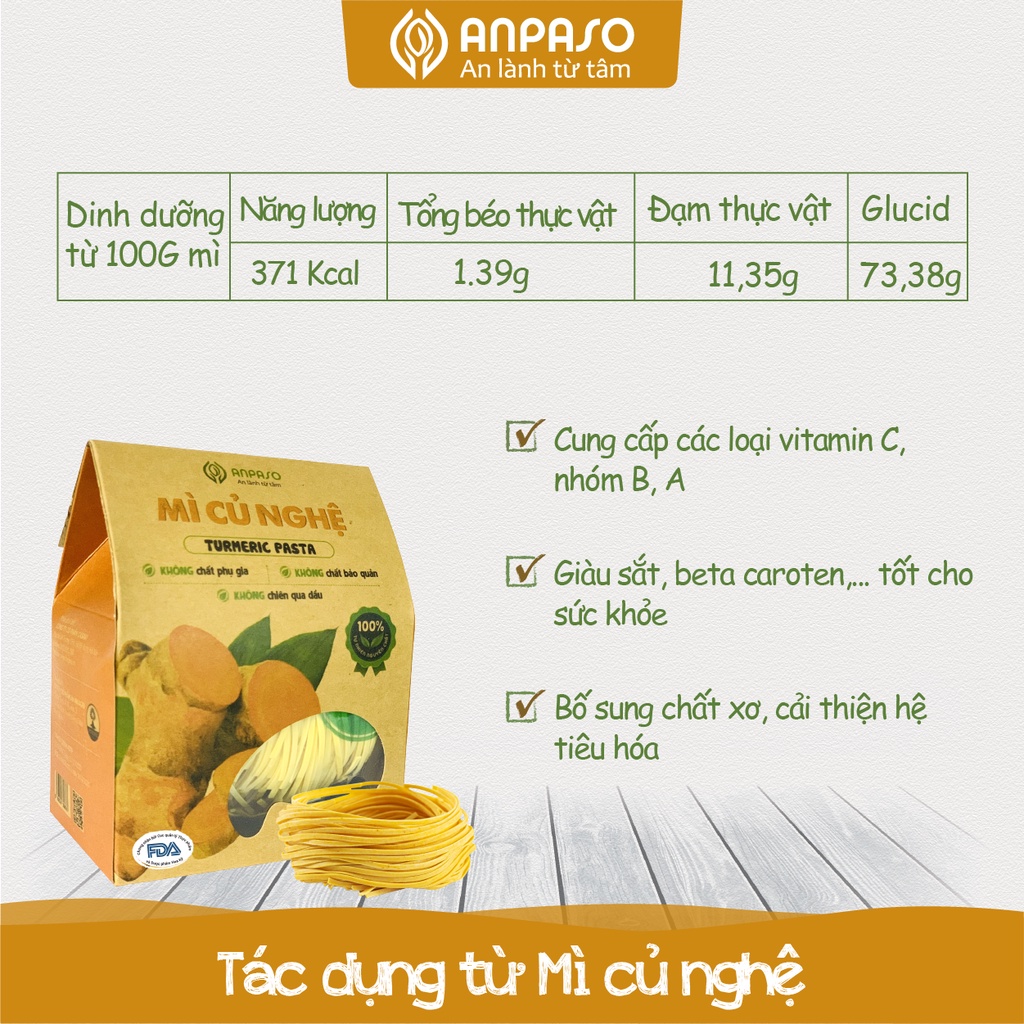 Mì Củ Nghệ Nguyên Chất Hữu Cơ Organic  Anpaso Eat Clean, Thanh Mát, Giảm Cân, Ăn Chay 120gr
