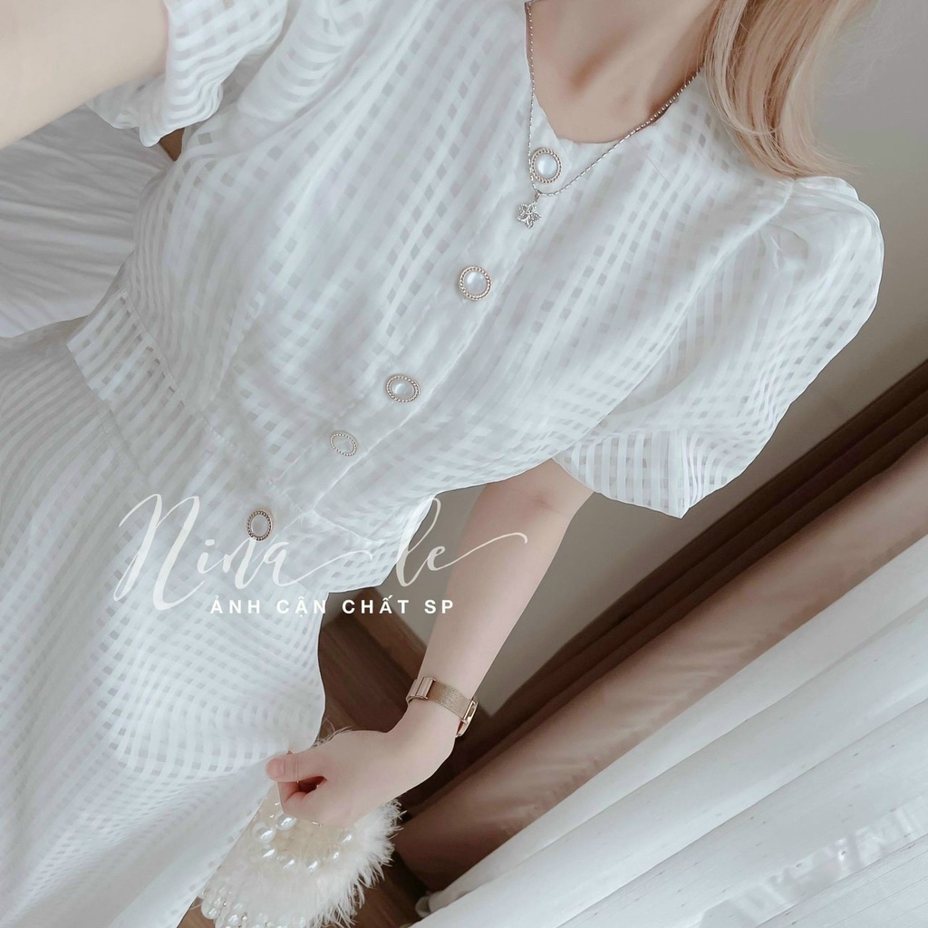 (Sale FreeShip) Sét nữ đi chơi,sét thiết kế áo tay phồng nút ngọc mix chân váy xòe,chất xô cao cấp hàng chuẩn shop