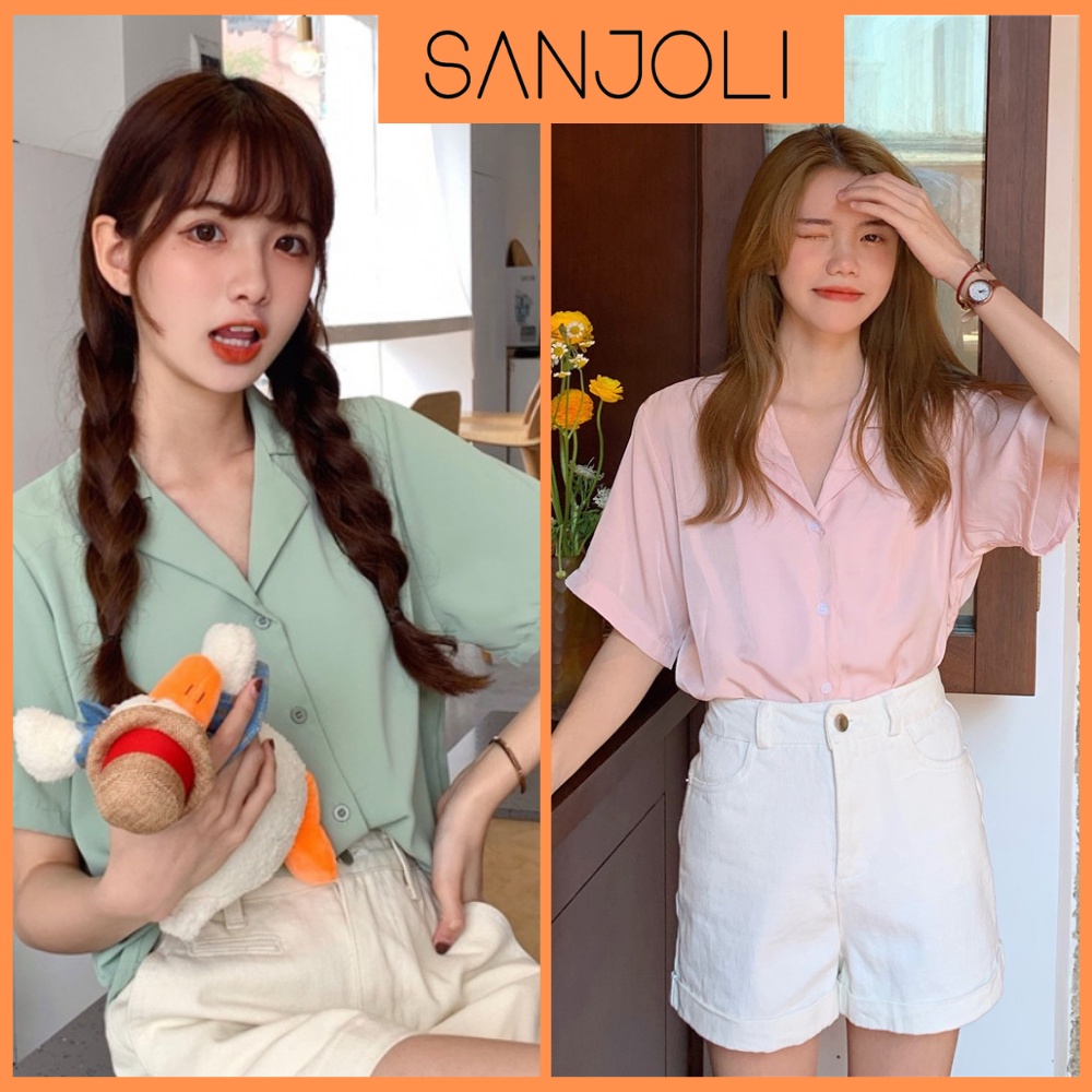 Áo sơ mi nữ Hàn Quốc form rộng SANJOLI Áo Sơ Mi công sở tay lỡ cộc tay kiểu đẹp, trắng đen nhiều màu cao cấp AO005