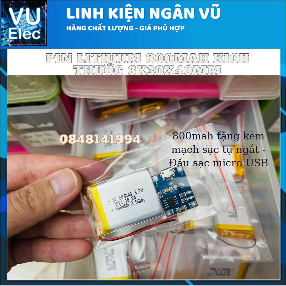 Pin Li-Po 3.7V 800mAh 603040 (Lithium Polymer) tặng kèm mạch sạc đầu Micro usb CÓ ĐÈN BÁO