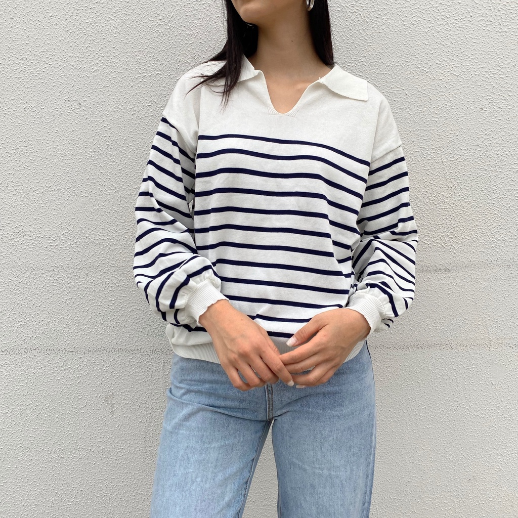 Áo len cổ polo kẻ ngang dài tay Mia Ritta A2105