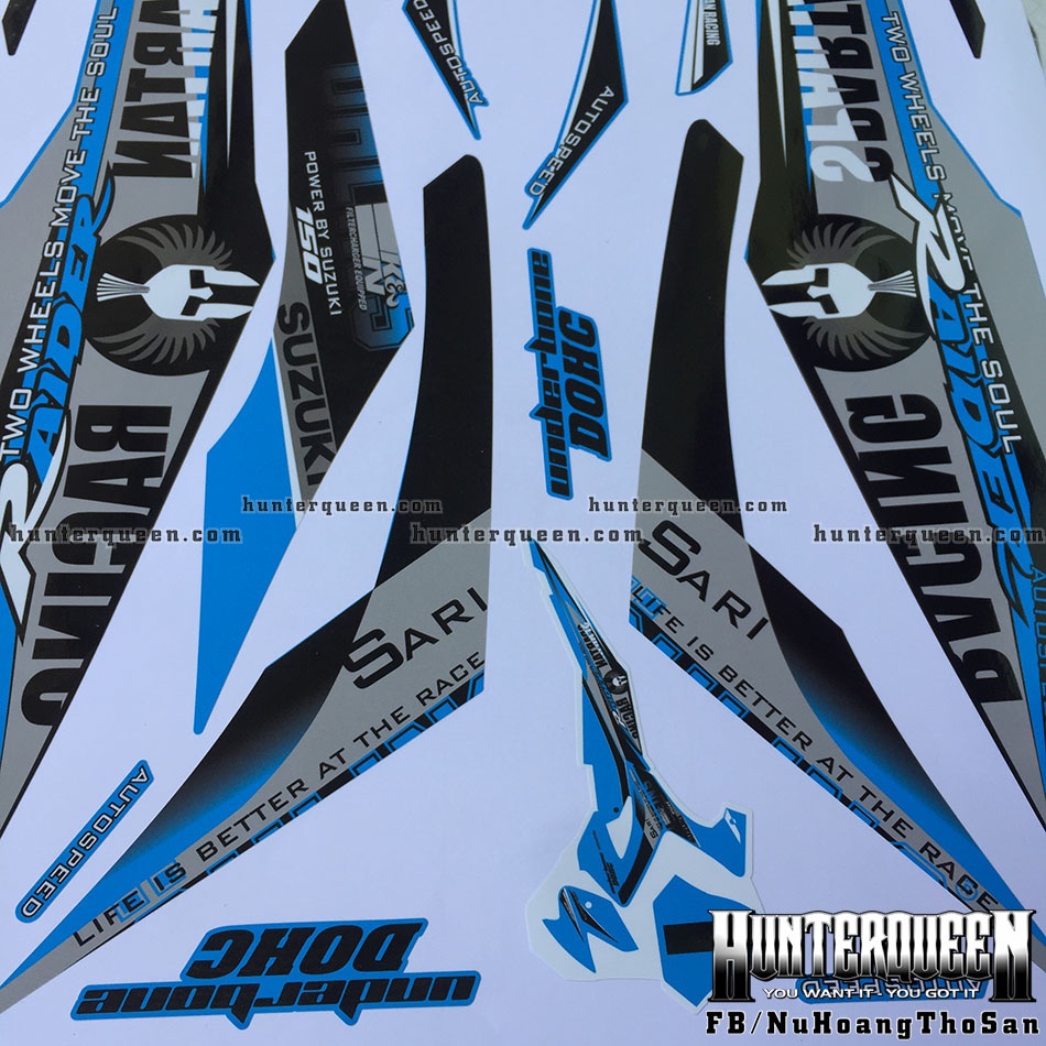 Tem rời dán xe Raider Xăng Cơ màu xanh ngọc. Decal cao cấp không bay màu. Chủ đề Spartan
