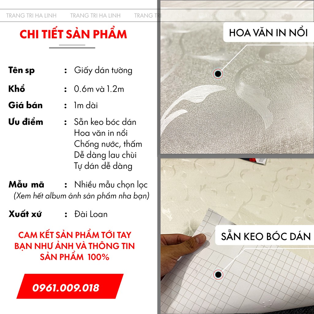 Decal dán tường dán phòng ngủ khổ 1m2 60cm, giấy dán tường hàn quốc 3D hoa văn nổi sắc nét đủ màu đẹp giá rẻ